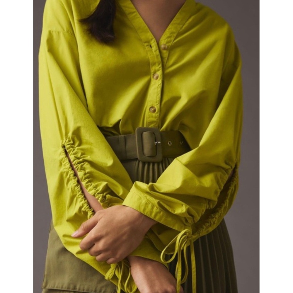 Pilcro Anthropologie Chartreuse Yellow Cotton Ruched Tie Sleeve Blouse XS